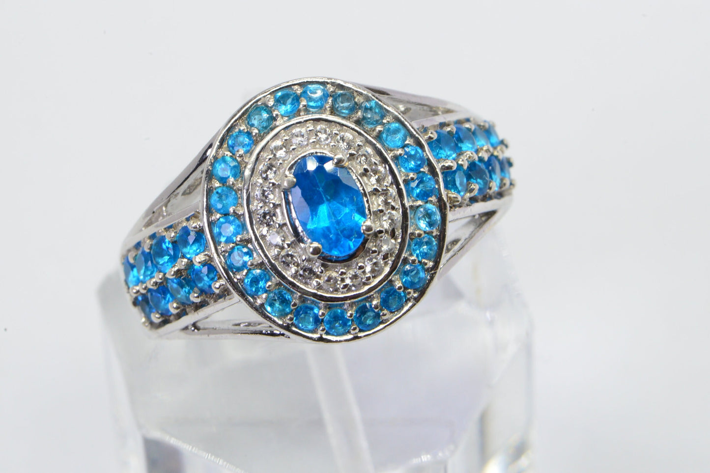 Neon Apatite Sterling Silver Ring, Double Halo Cluster - March Birthstone