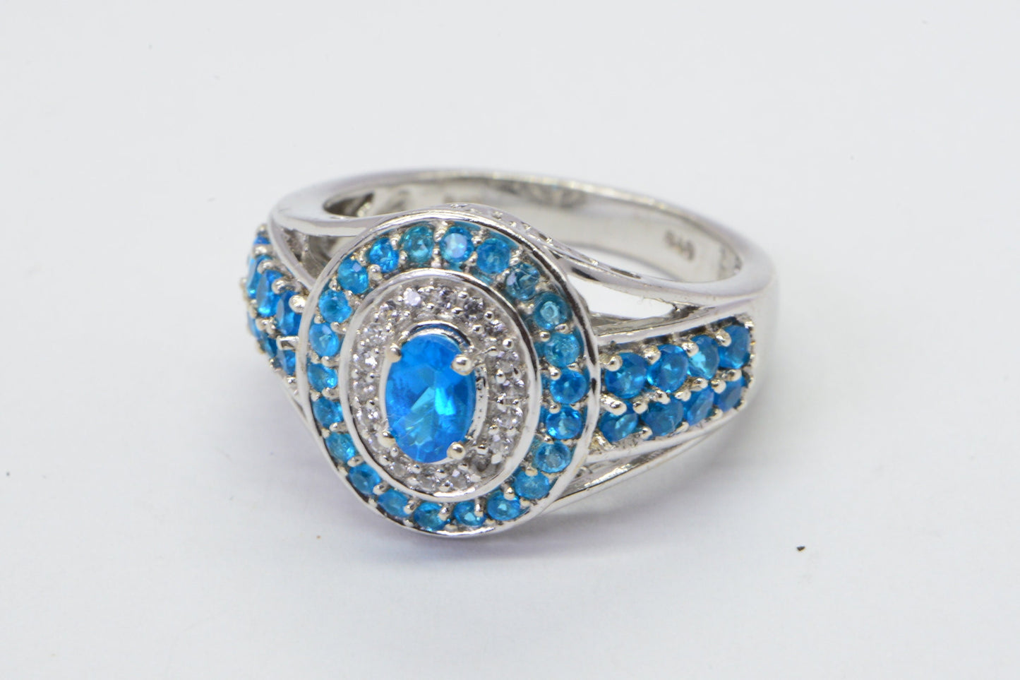 Neon Apatite Sterling Silver Ring, Double Halo Cluster - March Birthstone