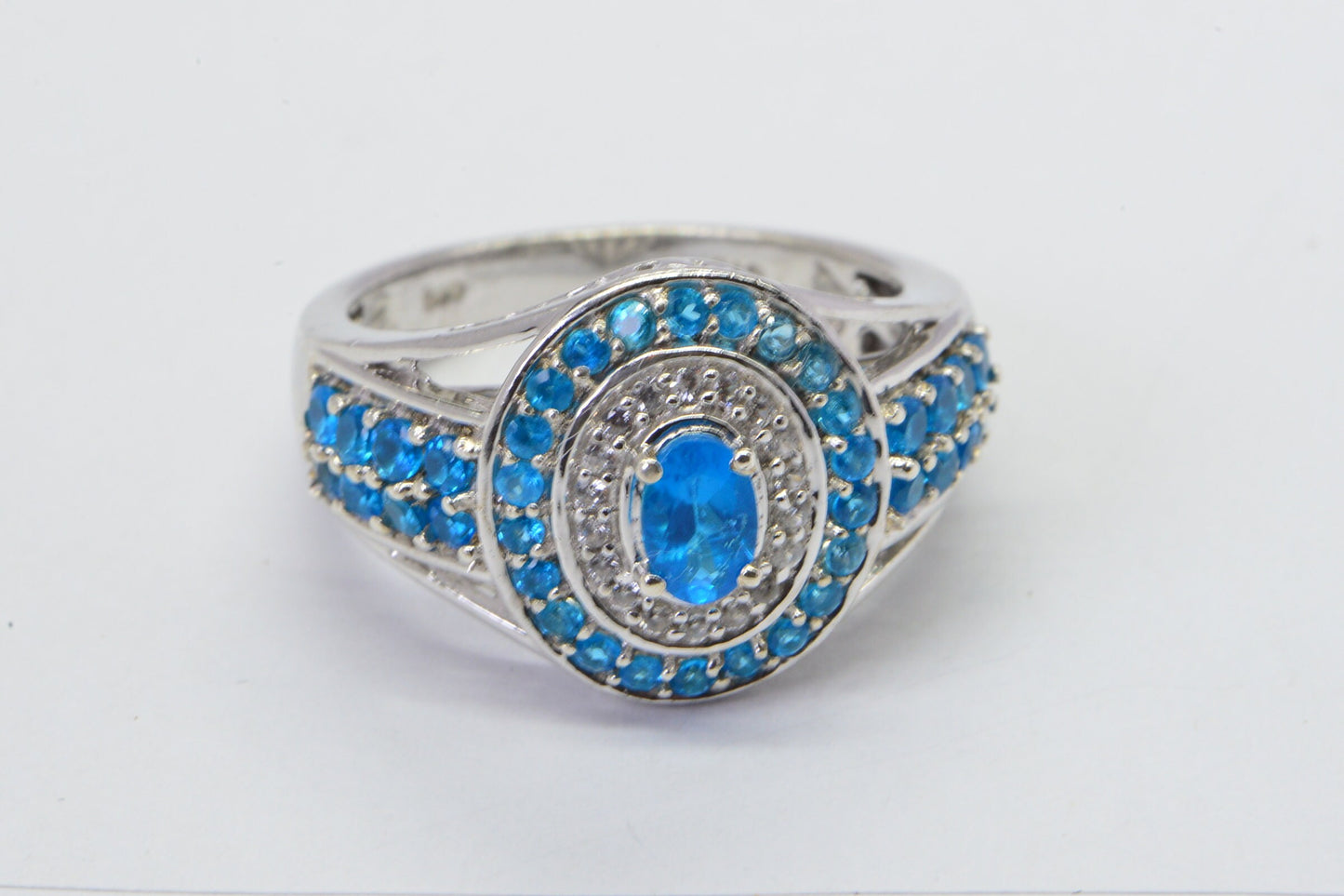 Neon Apatite Sterling Silver Ring, Double Halo Cluster - March Birthstone