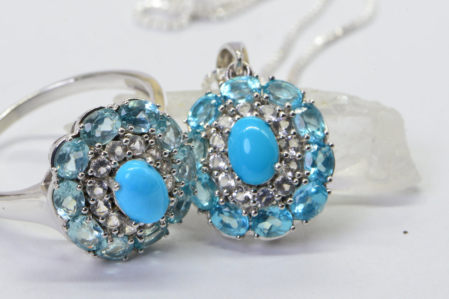 Aquamarine Arizona Turquoise Set Ring and Pendant Necklace Sterling Silver Double Halo Style Jewelry