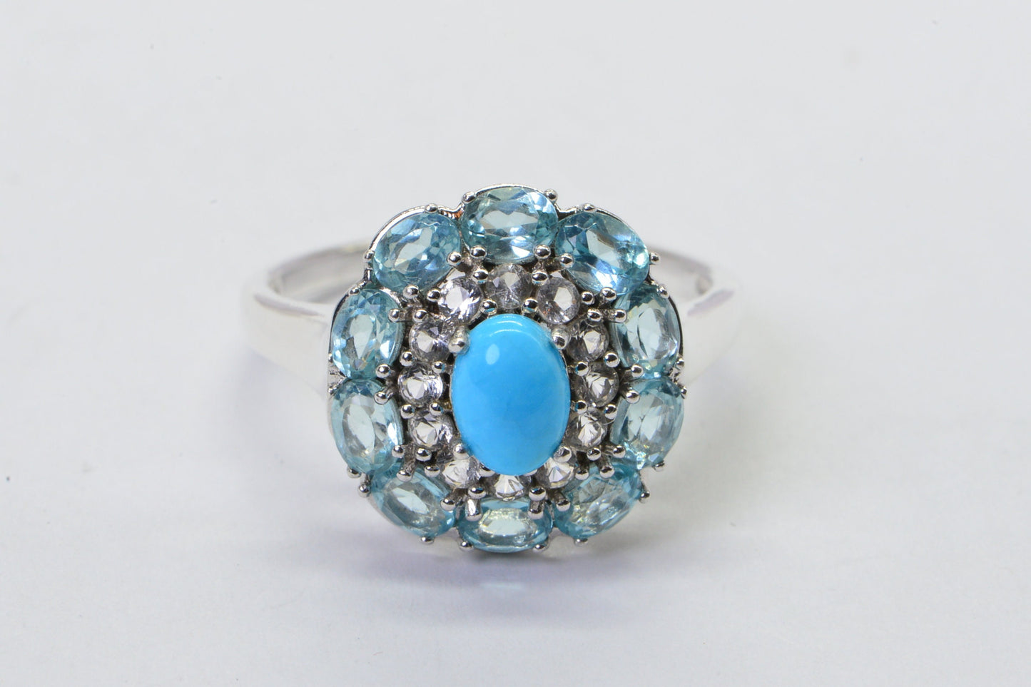Aquamarine Arizona Turquoise Set Ring and Pendant Necklace Sterling Silver Double Halo Style Jewelry