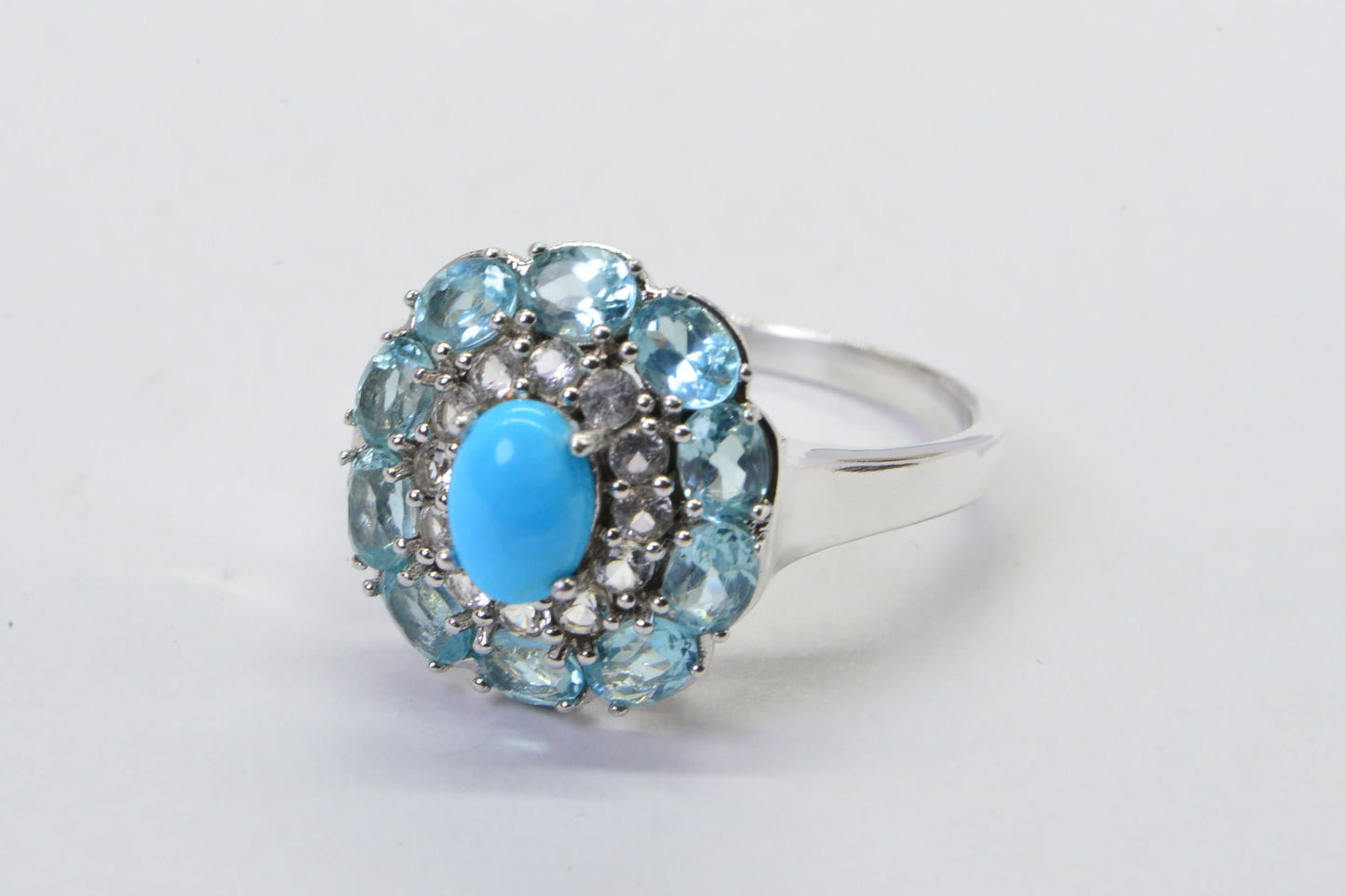 Aquamarine Arizona Turquoise Set Ring and Pendant Necklace Sterling Silver Double Halo Style Jewelry