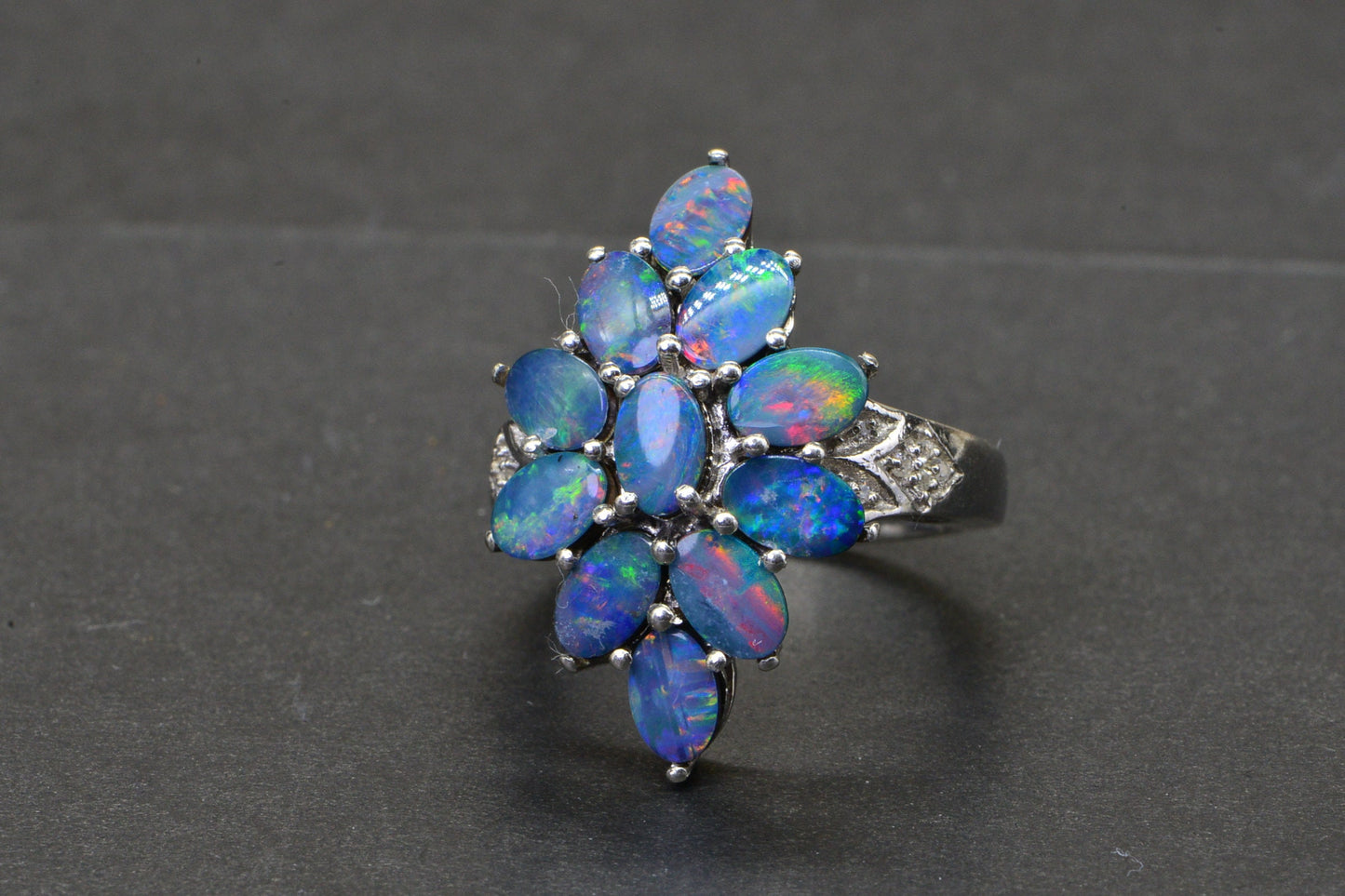 Australian Black Opal Cluster Ring Flower Design