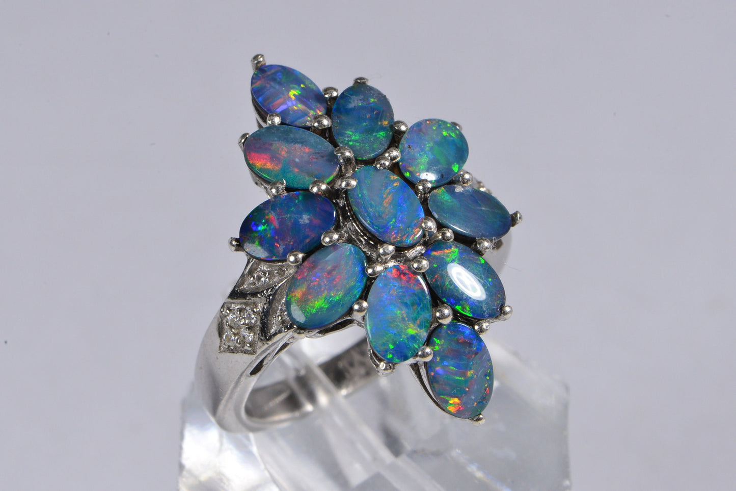 Australian Black Opal Cluster Ring Flower Design