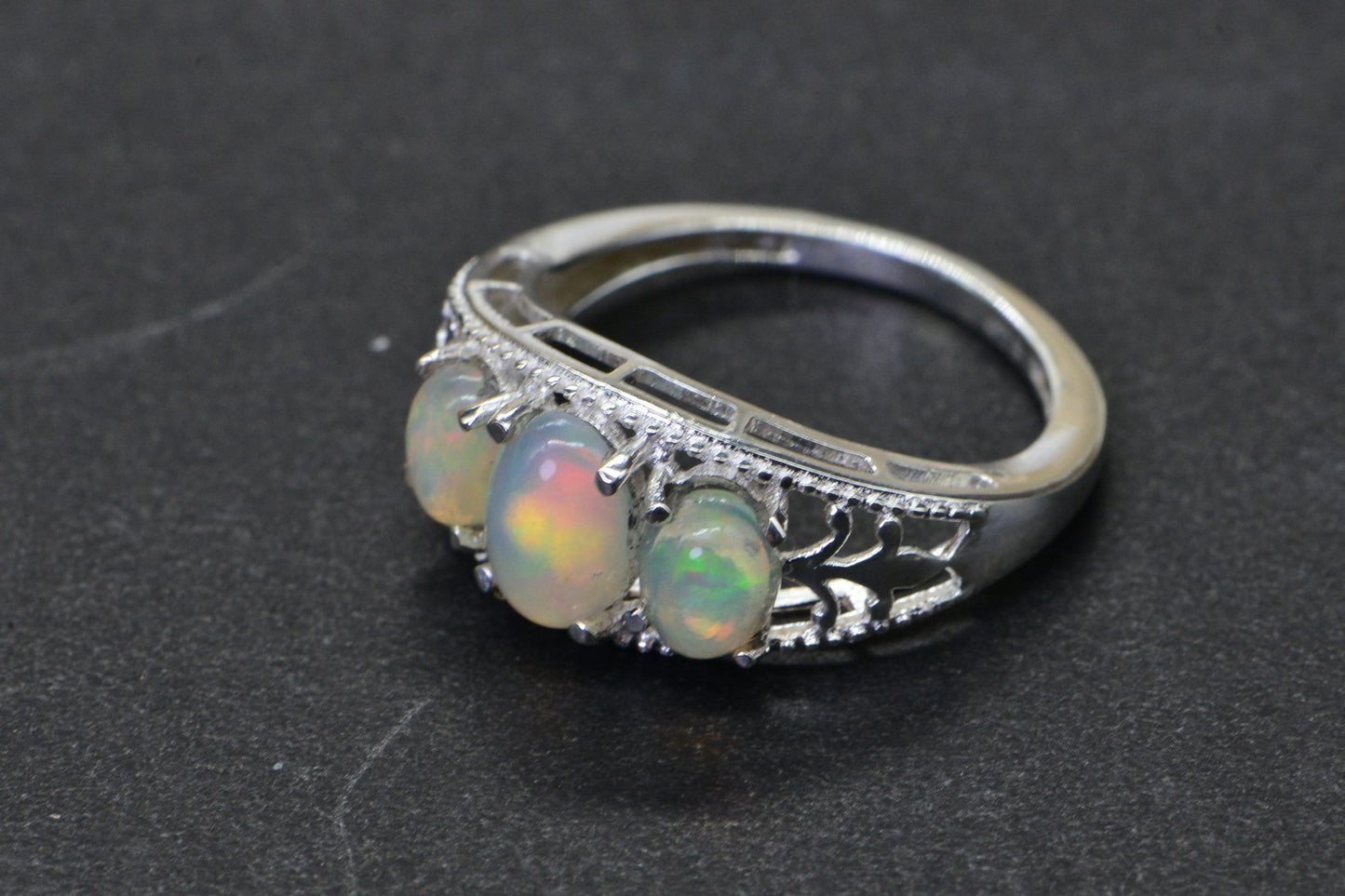 Trilogy Ethiopian Welo Opal Ring Sterling Silver ,October Birthstone, Victorian style ring size 5