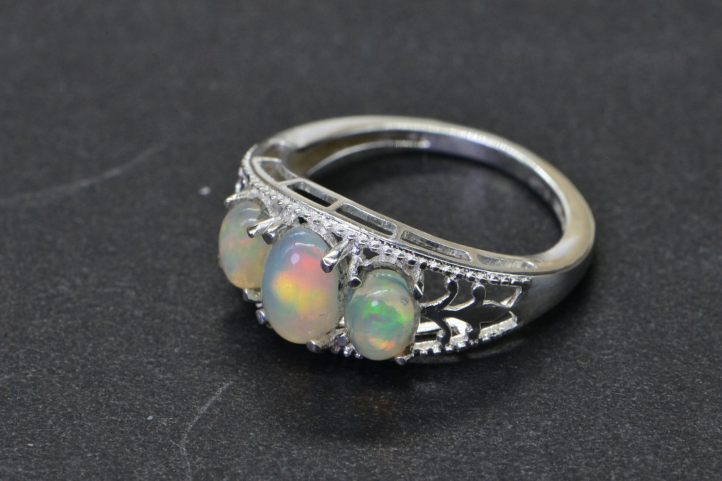 Trilogy Ethiopian Welo Opal Ring Sterling Silver ,October Birthstone, Victorian style ring size 5