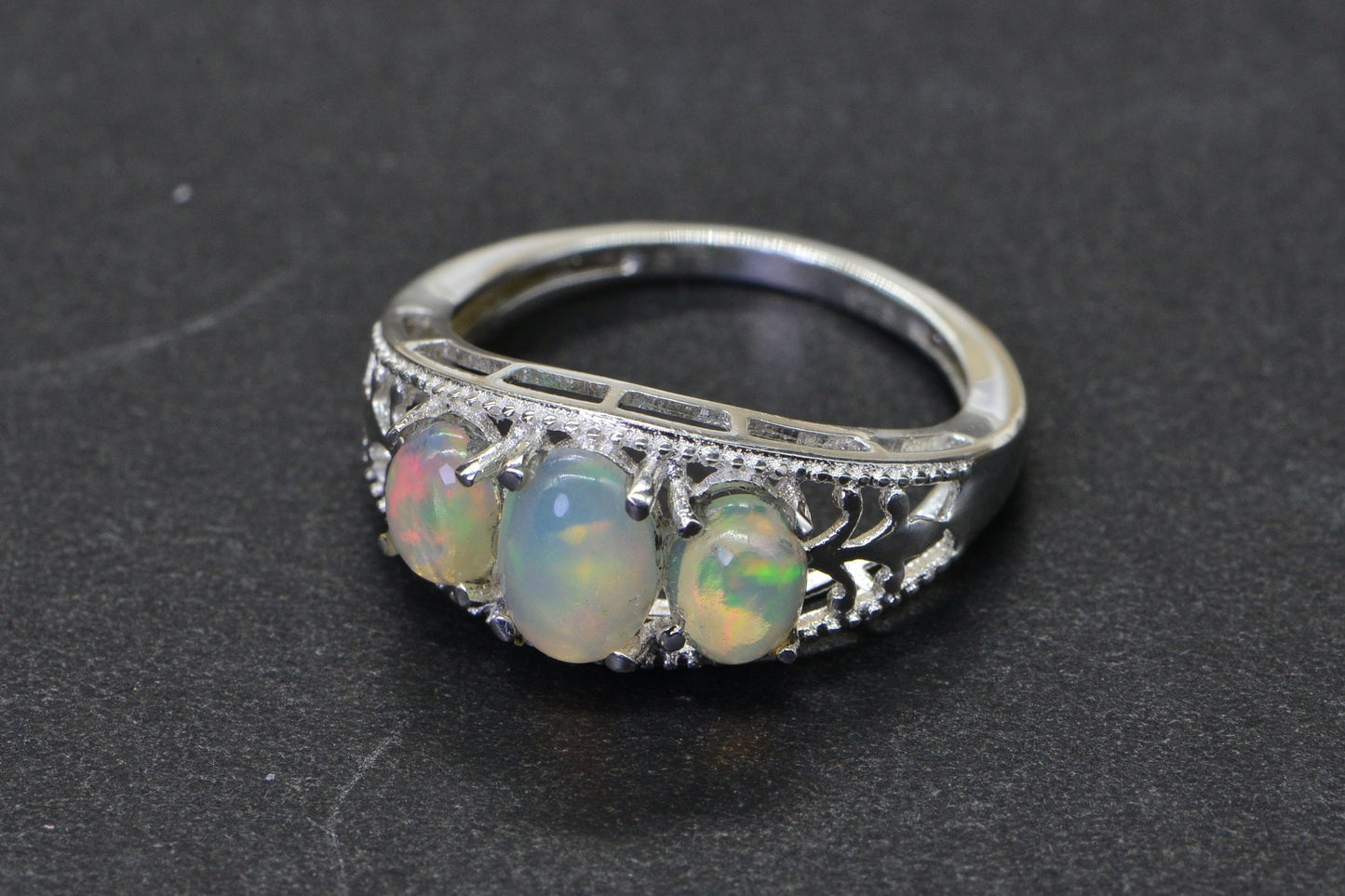 Trilogy Ethiopian Welo Opal Ring Sterling Silver ,October Birthstone, Victorian style ring size 5