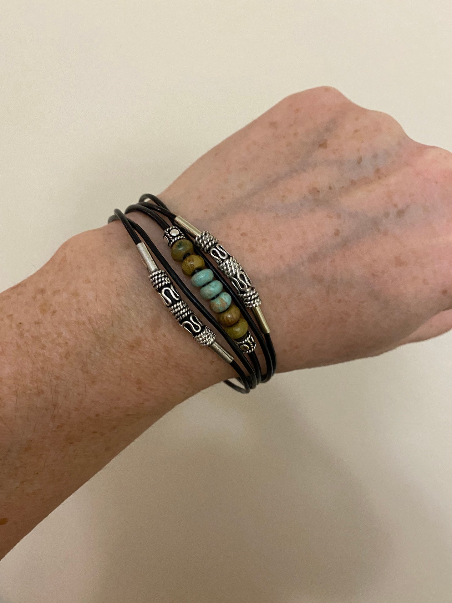 Gaspeite Turquoise Multi Strand Bracelet - Sterling Silver Boho Jewelry