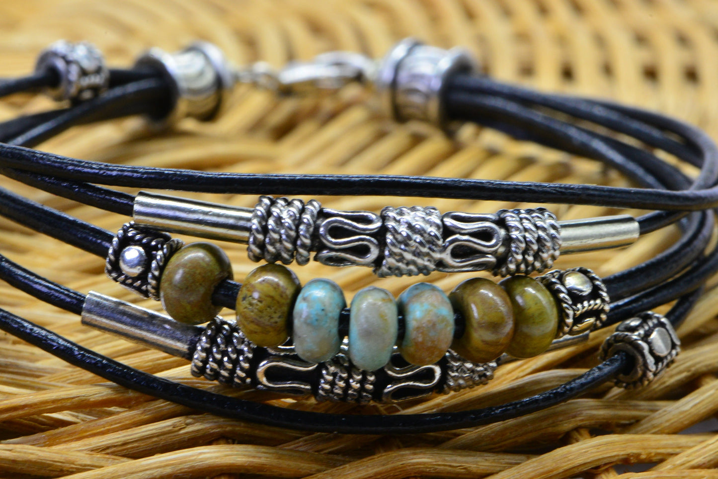 Gaspeite Turquoise Multi Strand Bracelet - Sterling Silver Boho Jewelry