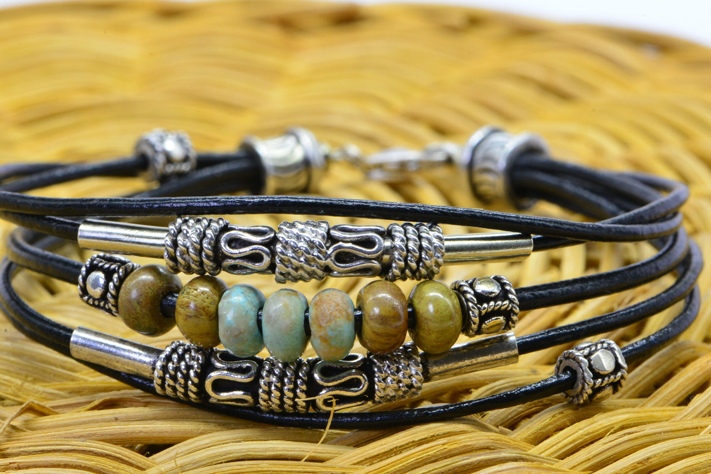 Gaspeite Turquoise Multi Strand Bracelet - Sterling Silver Boho Jewelry