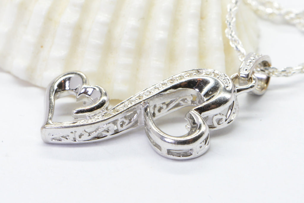 Vintage Diamond Double Heart Pendant: Sterling Silver Necklace