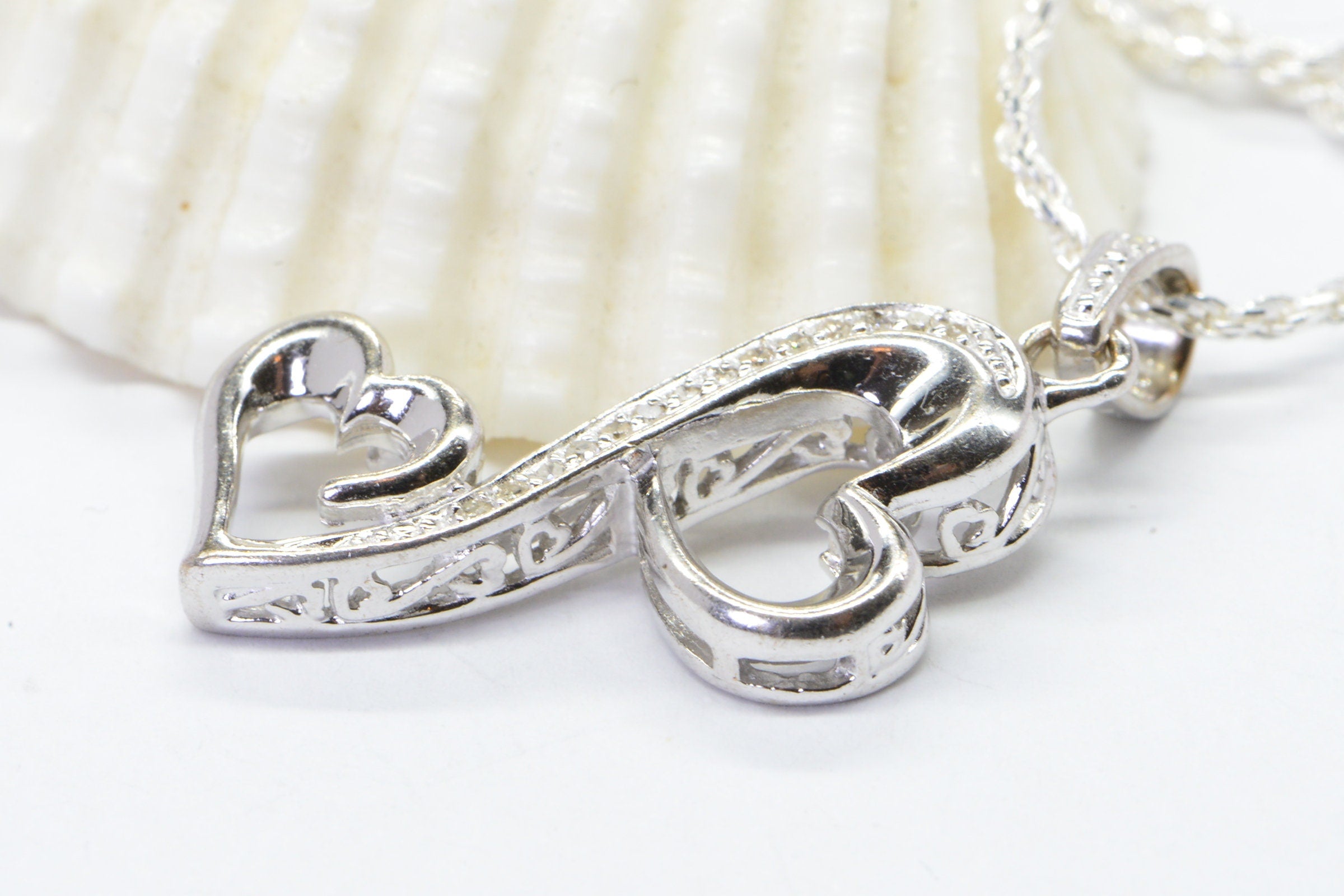 Vintage Diamond Double Heart Pendant: Sterling Silver Necklace