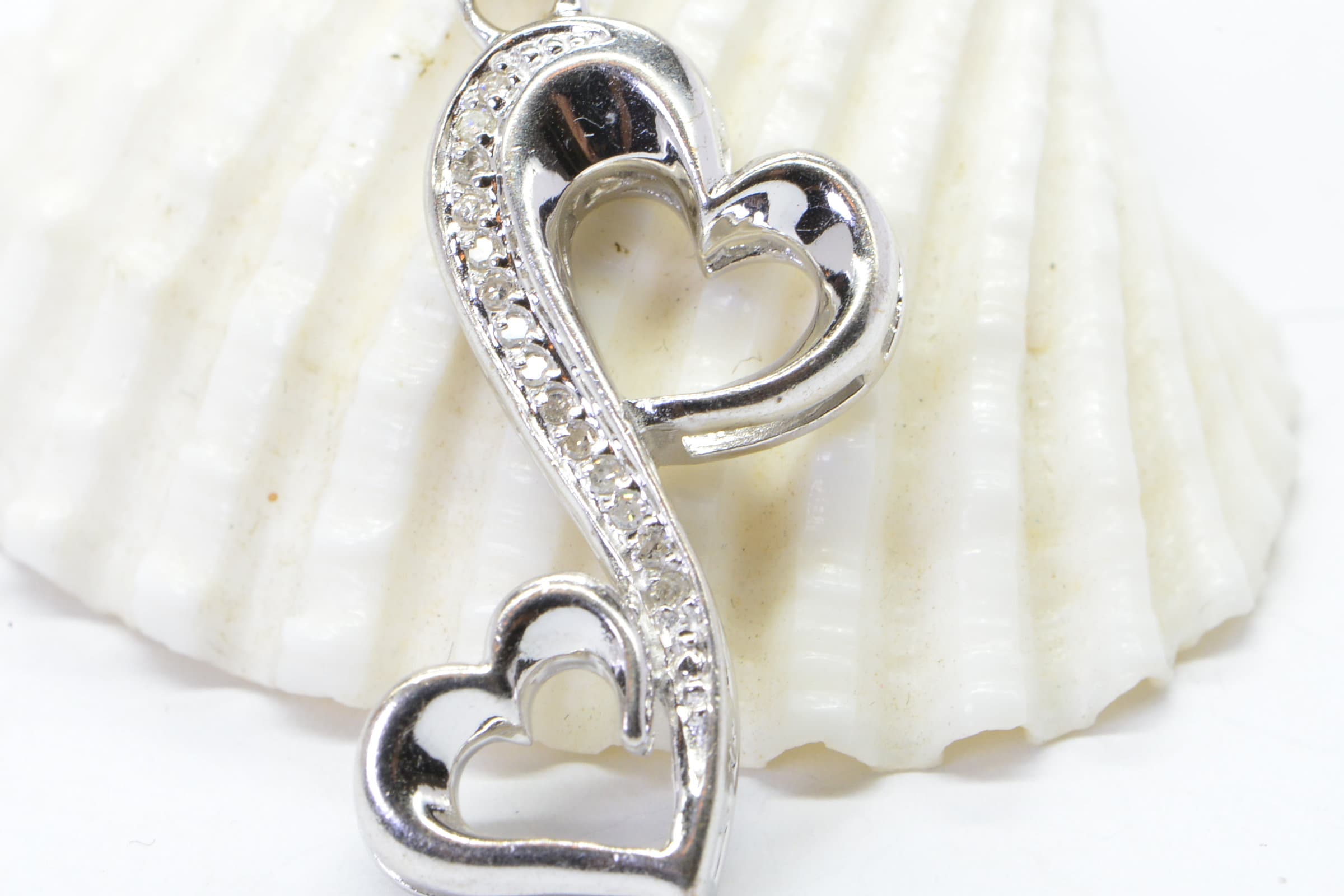 Vintage Diamond Double Heart Pendant: Sterling Silver Necklace