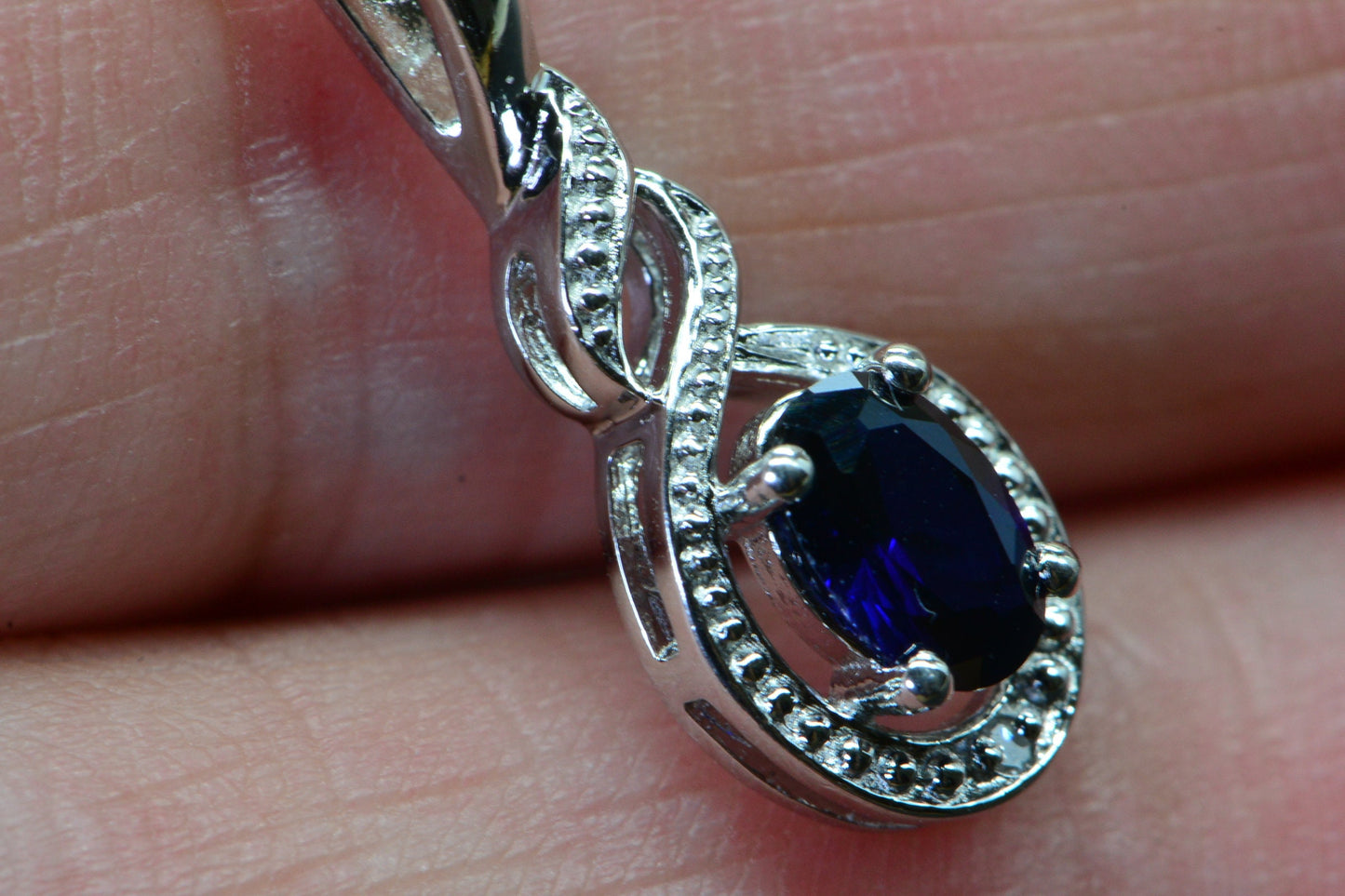 Sapphire Pear Pendant: Diamond Halo, Sterling Silver, September Birthstone