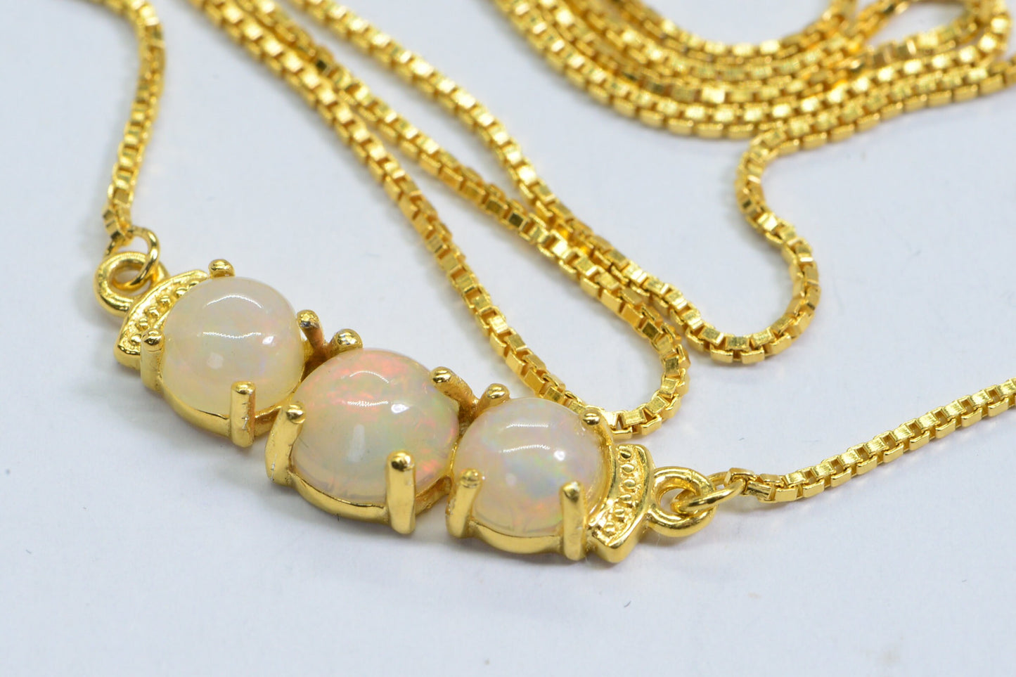 Ethiopian Welo Opal Necklace: 24K Gold Electroplated Three Stone Bar