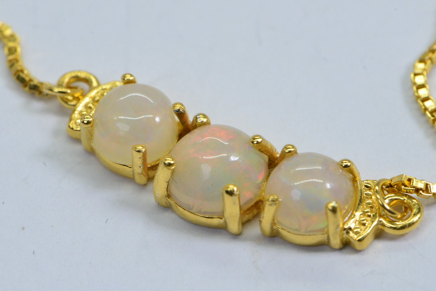 Ethiopian Welo Opal Necklace: 24K Gold Electroplated Three Stone Bar