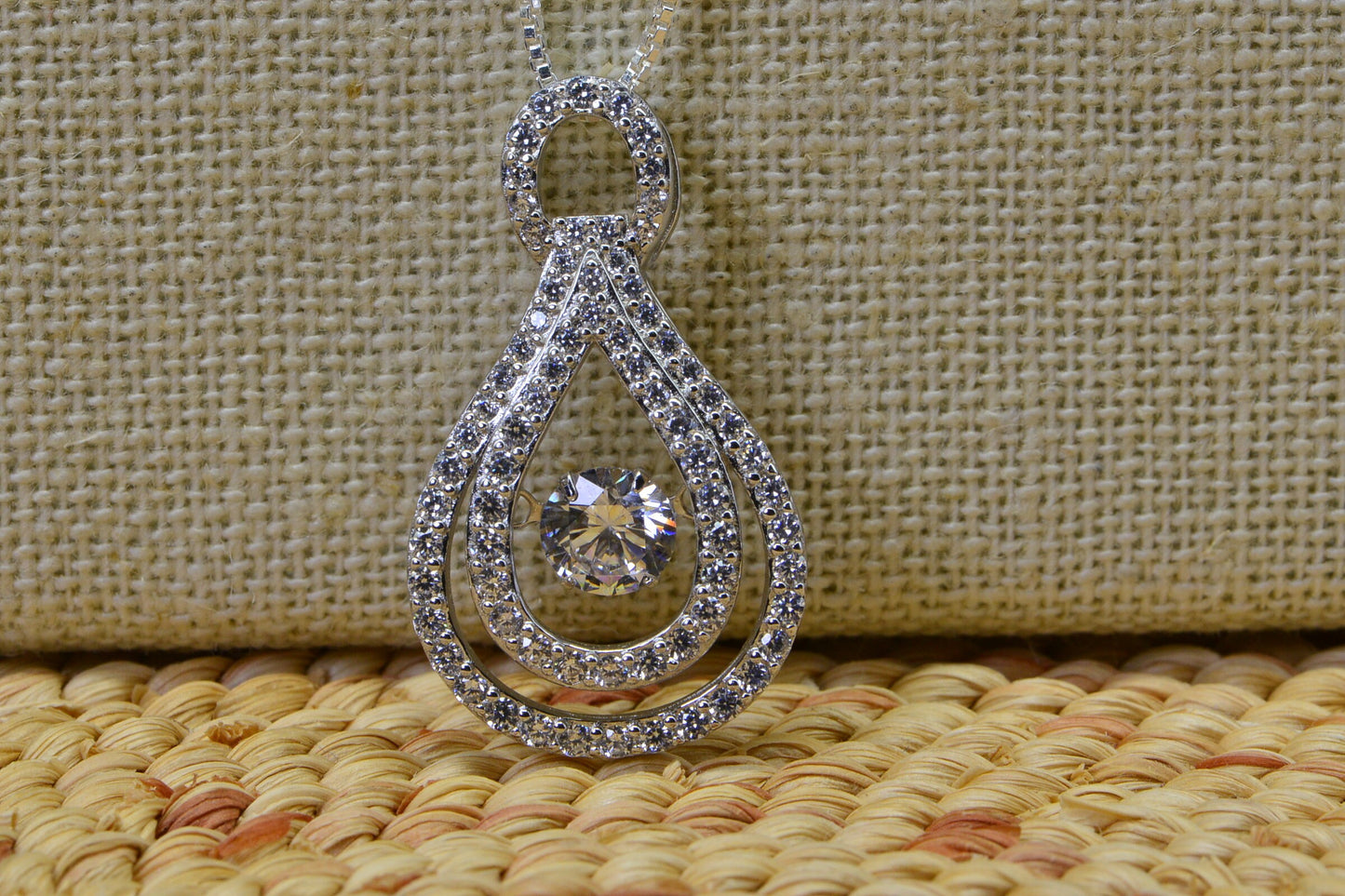 Cubic Zirconia Sterling Silver Double Hoop Pendant Necklace - 18 inch