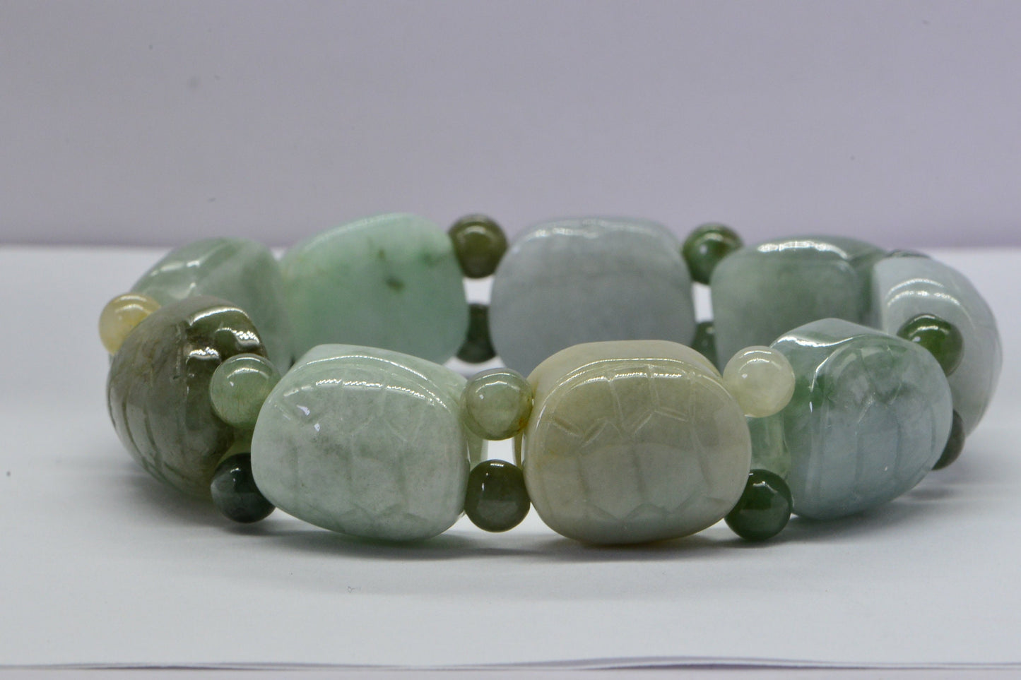 Burmese Jadeite Turtle Bracelet: Icy Green Carved Jade Beads