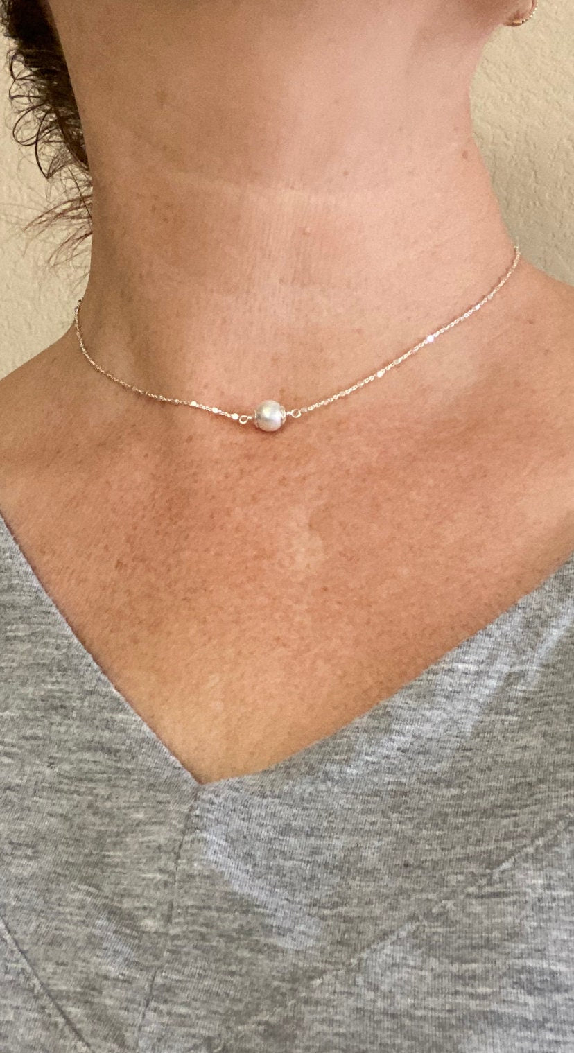 Freshwater Pearl Choker, Sterling Silver Satellite Chain, Single Pearl Necklace