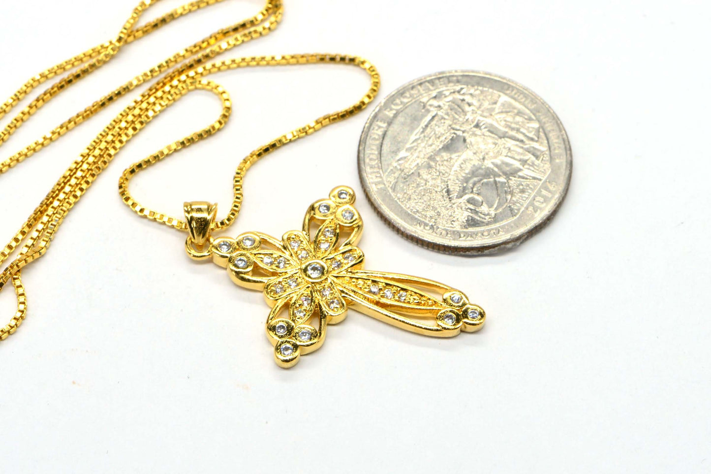 24K Gold Over Sterling Silver Cross Necklace: Simulated Diamond Pendant