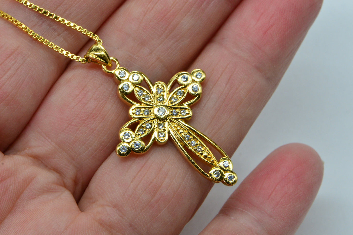 24K Gold Over Sterling Silver Cross Necklace: Simulated Diamond Pendant