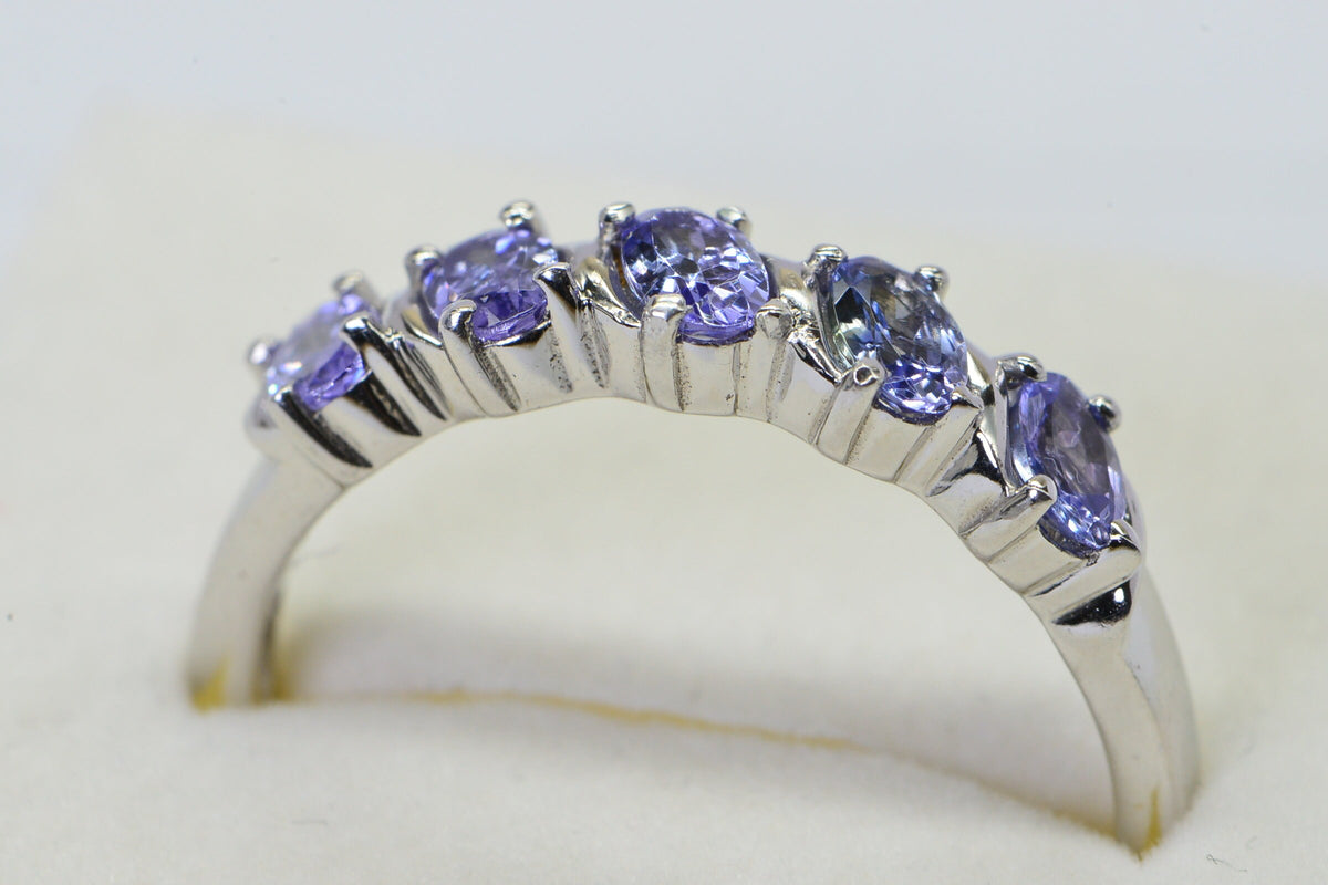 Genuine Tanzanite Sterling Silver Ring: Five Oval Stone Band, December Birthstone