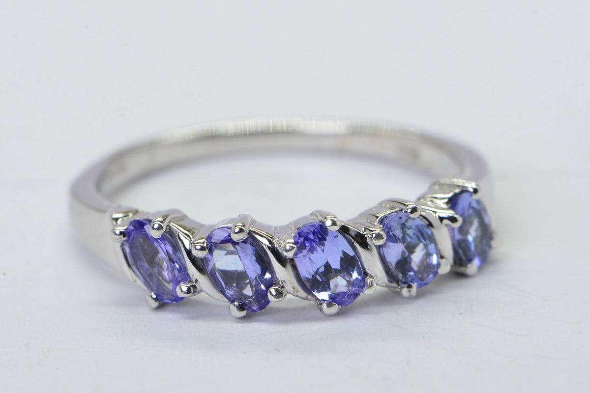 Genuine Tanzanite Sterling Silver Ring: Five Oval Stone Band, December Birthstone