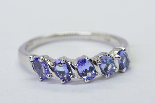 Genuine Tanzanite Sterling Silver Ring: Five Oval Stone Band, December Birthstone
