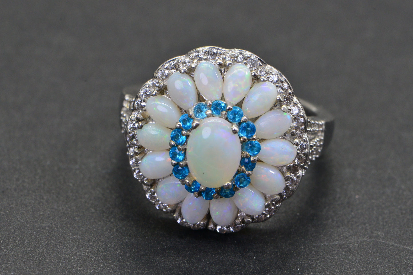 Australian Opal Flower Ring: Sterling Silver, Neon Apatite Halo