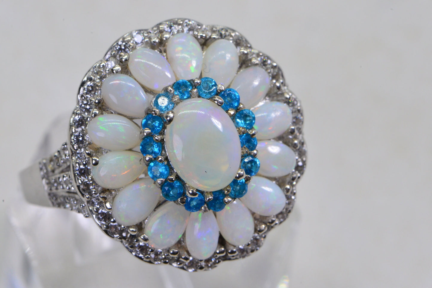 Australian Opal Flower Ring: Sterling Silver, Neon Apatite Halo