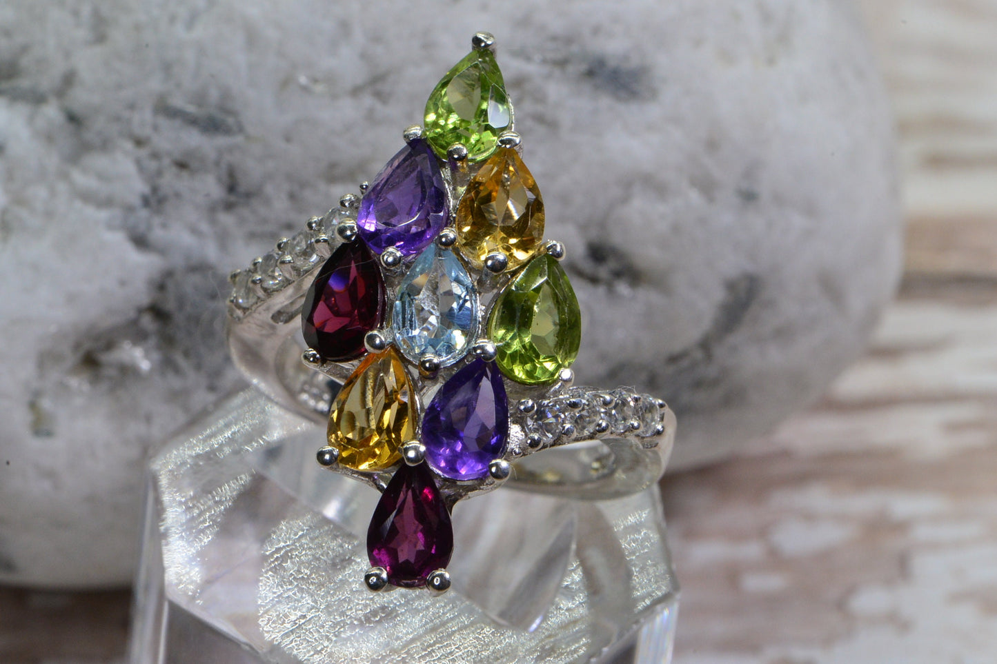 Multi Color Gemstone Marquise Ring Amethyst Aquamarine Citrine Garnet Cluster Ring