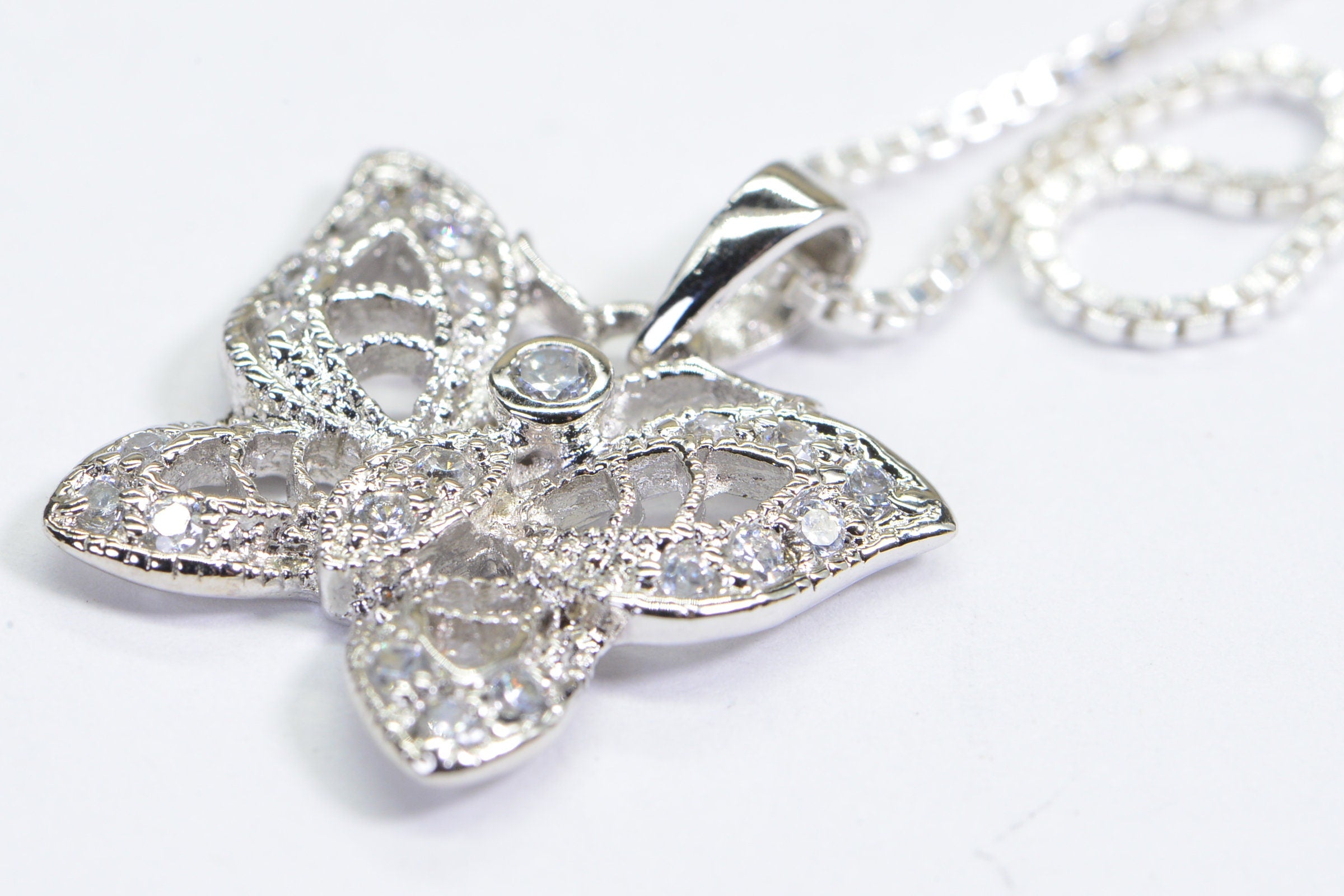 Brilliant  Butterfly Diamond Pendant Necklace sterling Silver Vintage Pendant