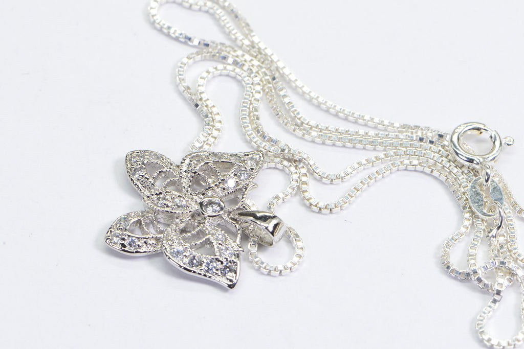 Brilliant  Butterfly Diamond Pendant Necklace sterling Silver Vintage Pendant