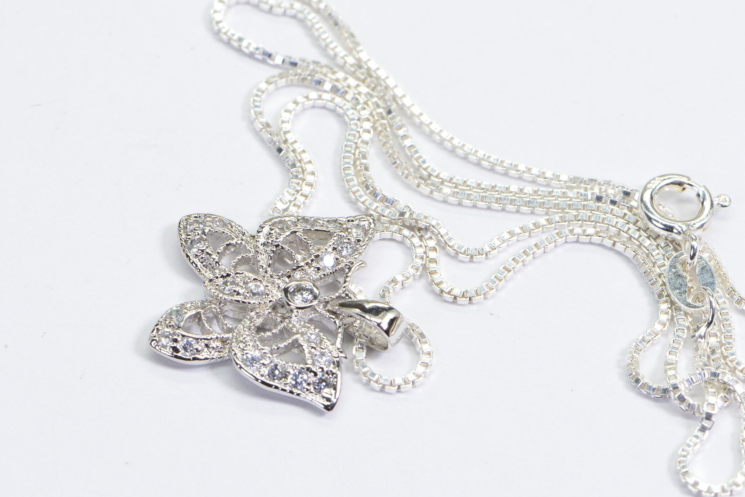Brilliant  Butterfly Diamond Pendant Necklace sterling Silver Vintage Pendant