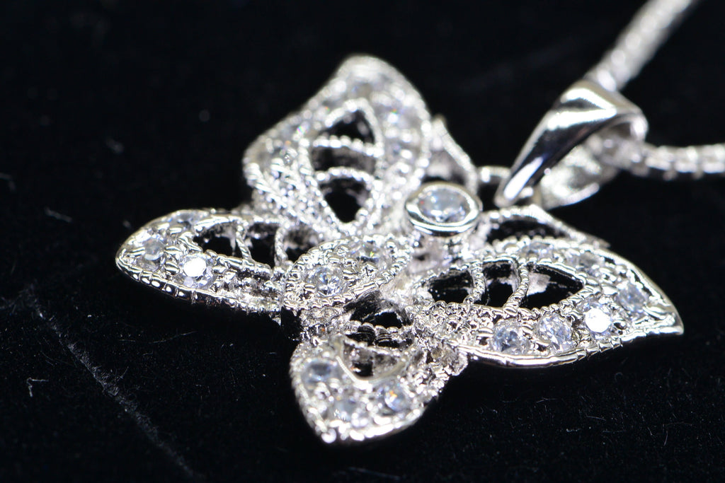 Brilliant  Butterfly Diamond Pendant Necklace sterling Silver Vintage Pendant