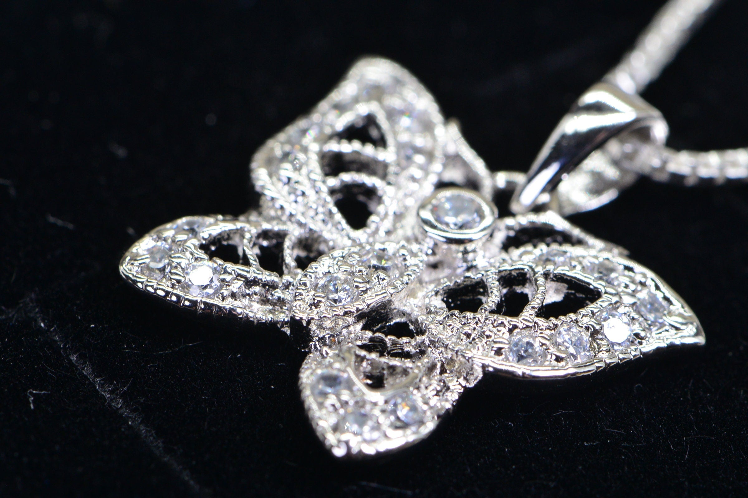 Brilliant  Butterfly Diamond Pendant Necklace sterling Silver Vintage Pendant
