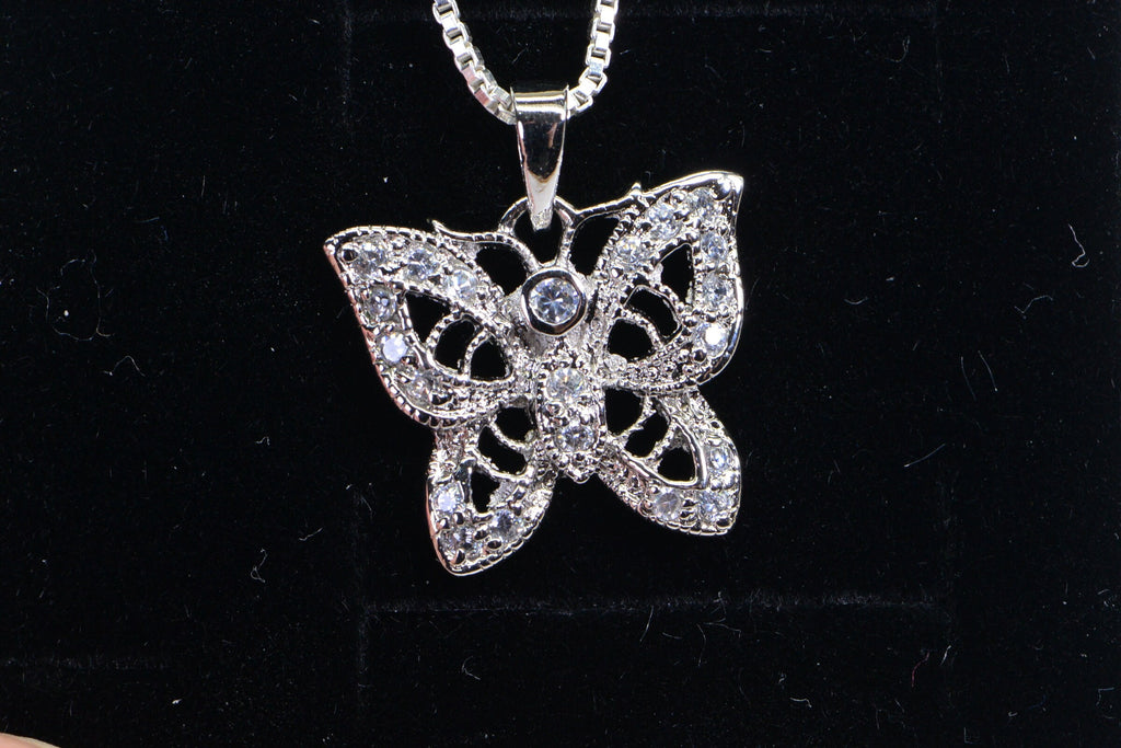 Brilliant  Butterfly Diamond Pendant Necklace sterling Silver Vintage Pendant
