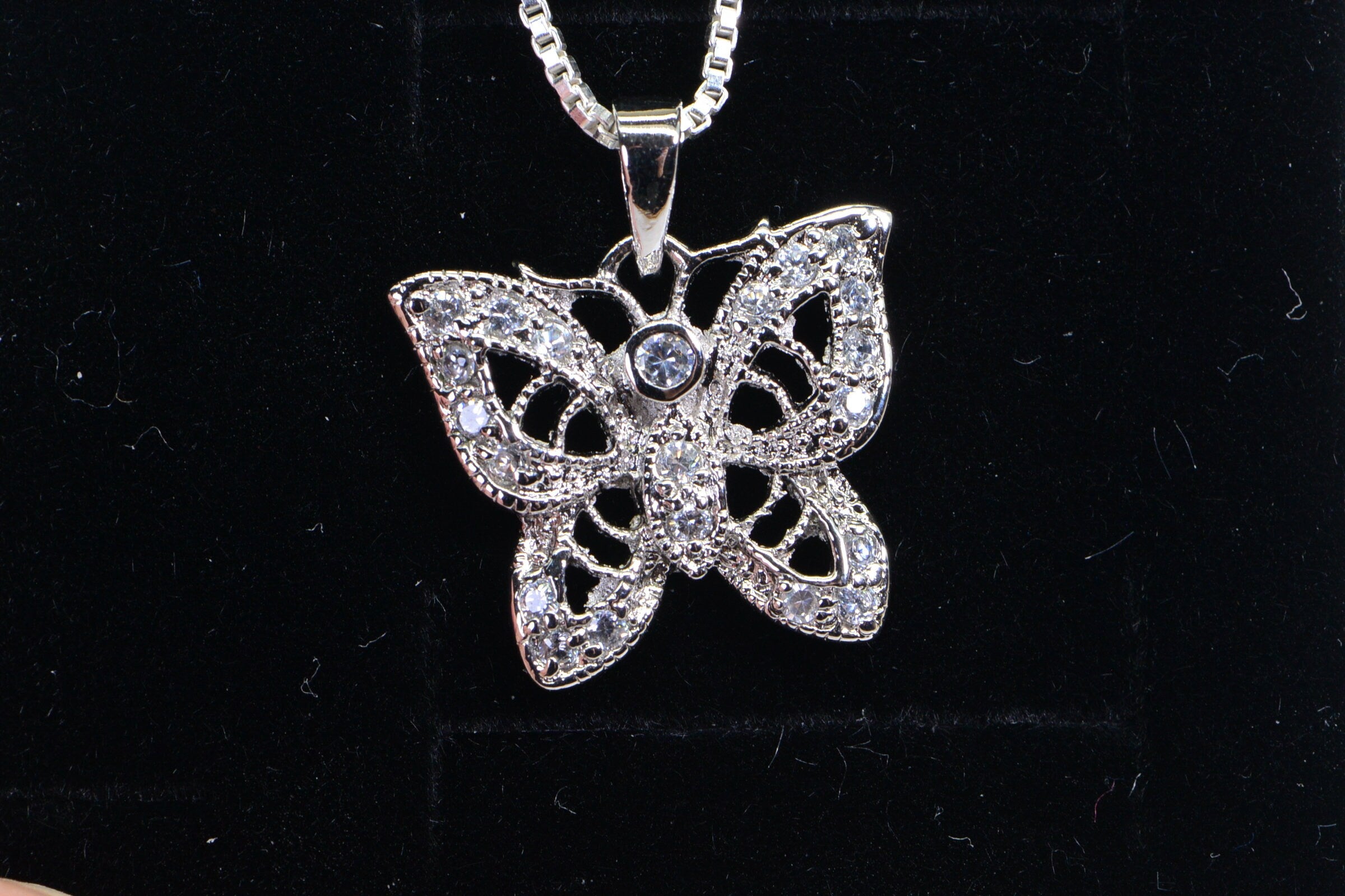 Brilliant  Butterfly Diamond Pendant Necklace sterling Silver Vintage Pendant