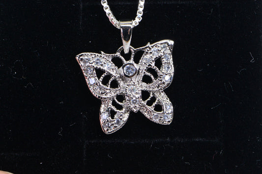 Brilliant  Butterfly Diamond Pendant Necklace sterling Silver Vintage Pendant