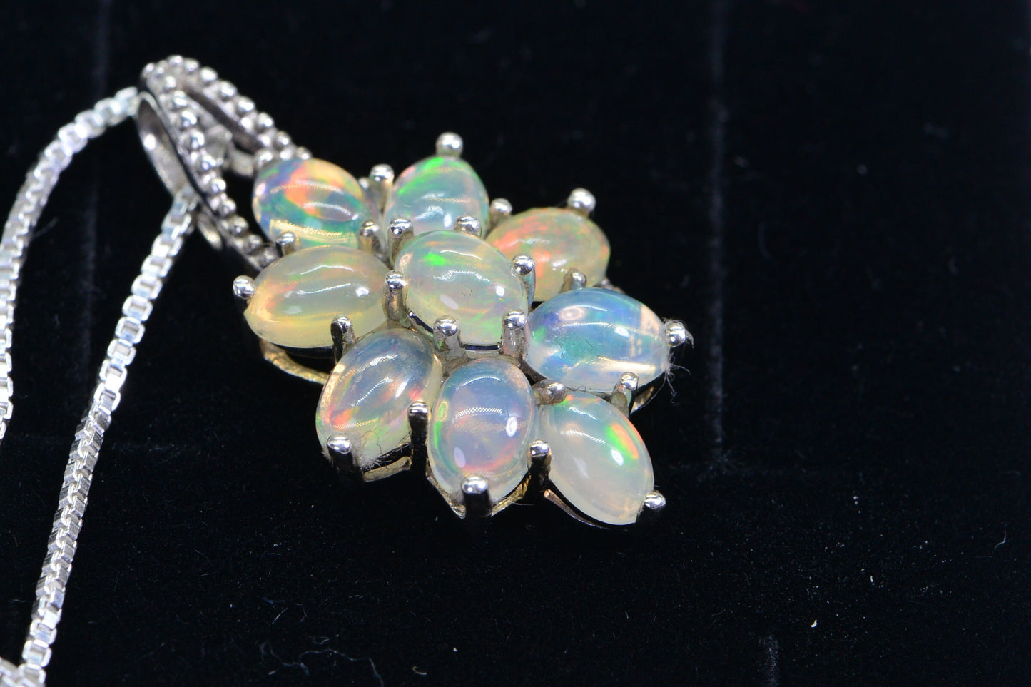 Ethiopian Welo Opal Pendant,Sterling Silver Cluster Flower Multi Stone October Birthstone