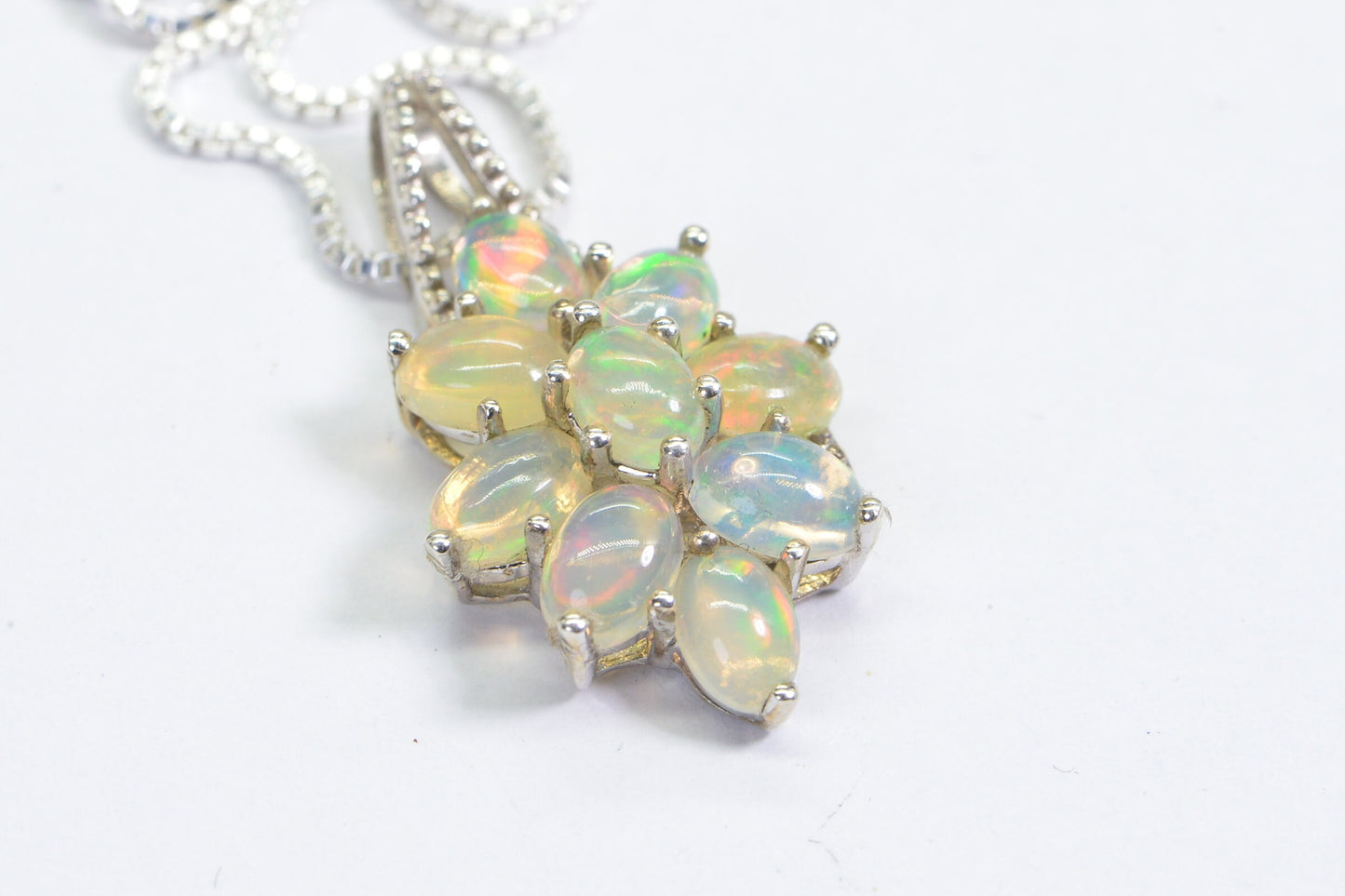 Ethiopian Welo Opal Pendant,Sterling Silver Cluster Flower Multi Stone October Birthstone