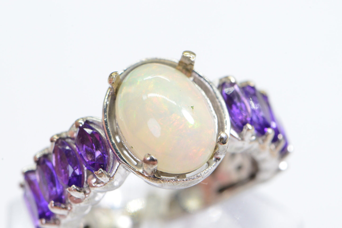 Ethiopian  Black Opal  Amethyst Ring Rhodium over Sterling Silver Birthstone October