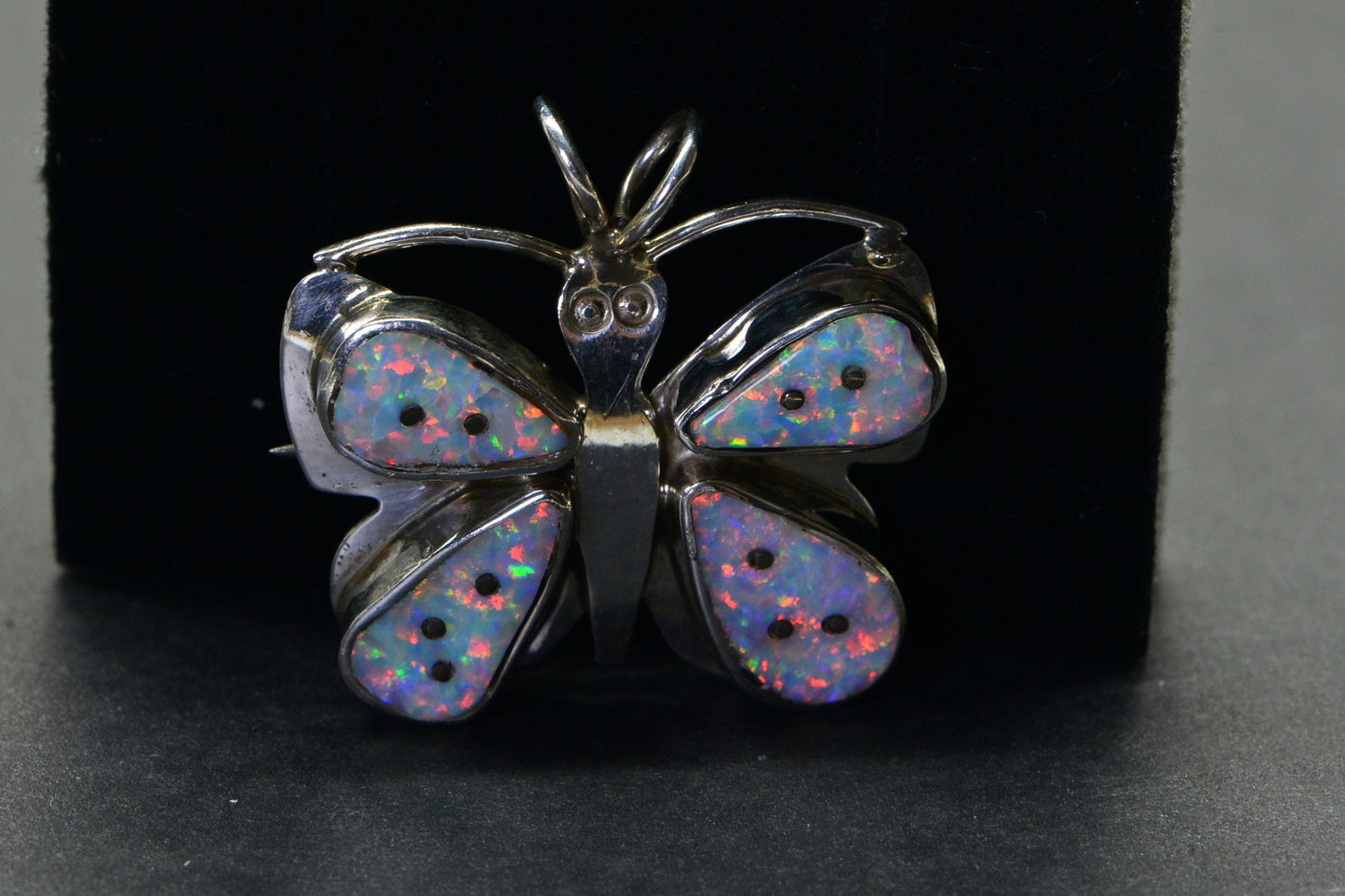 Vintage Navajo Nel J. Sterling Bright Lab Created Opal Butterfly Brooch Pendant