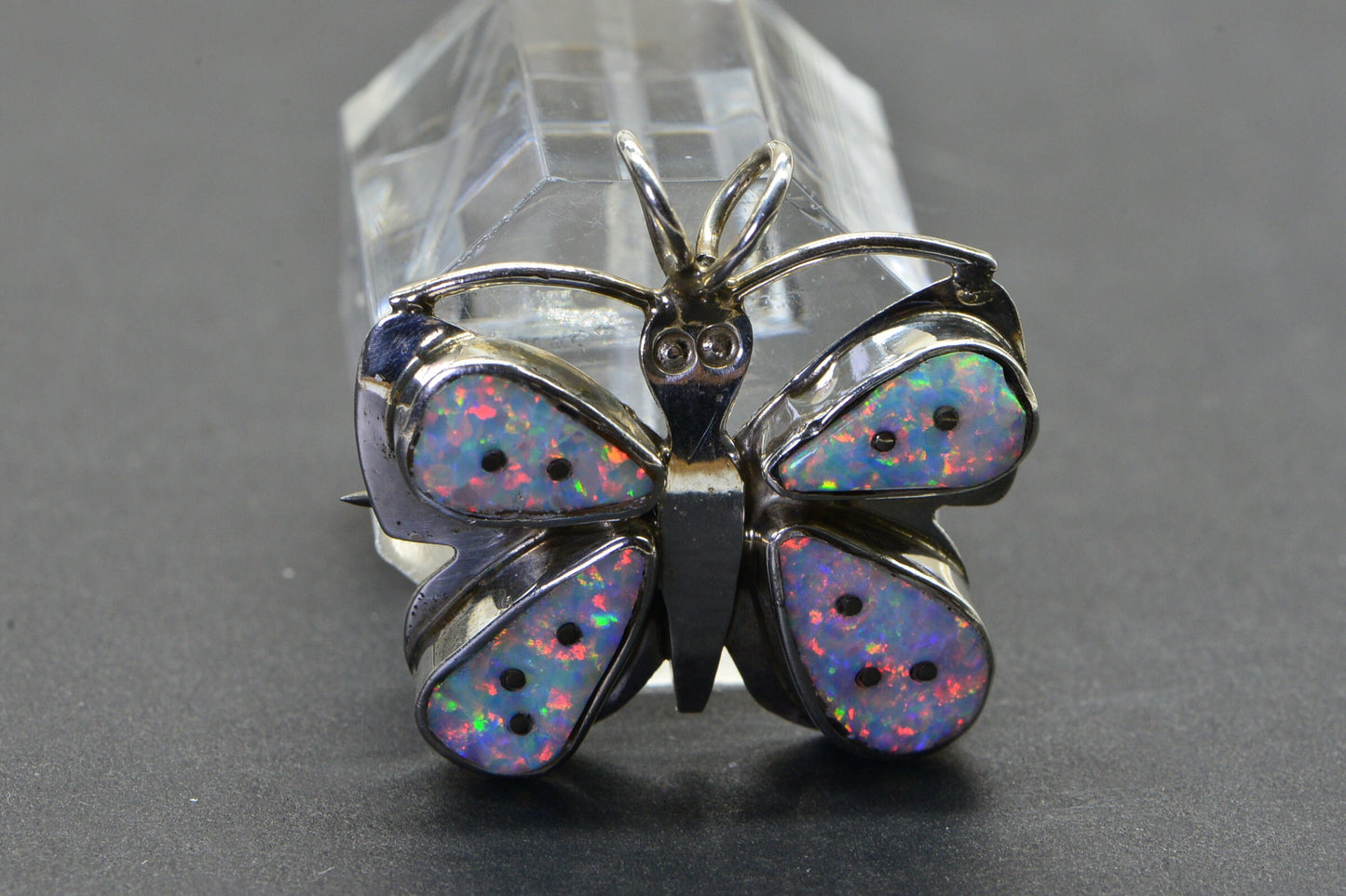 Vintage Navajo Nel J. Sterling Bright Lab Created Opal Butterfly Brooch Pendant