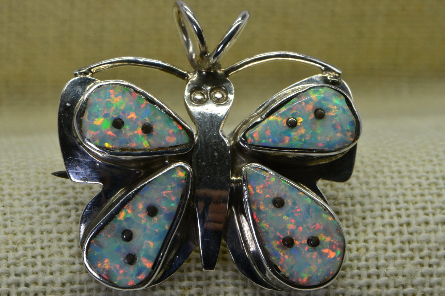 Vintage Navajo Nel J. Sterling Bright Lab Created Opal Butterfly Brooch Pendant