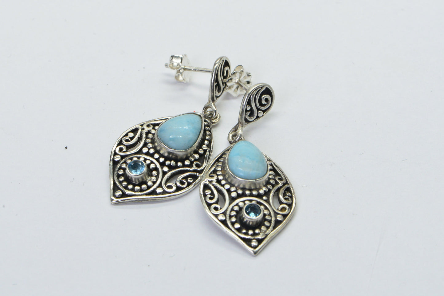 Larimar Patina Sterling Silver Long Leafs Teardrop Stud Earrings Filigree Multi Stone Earrings