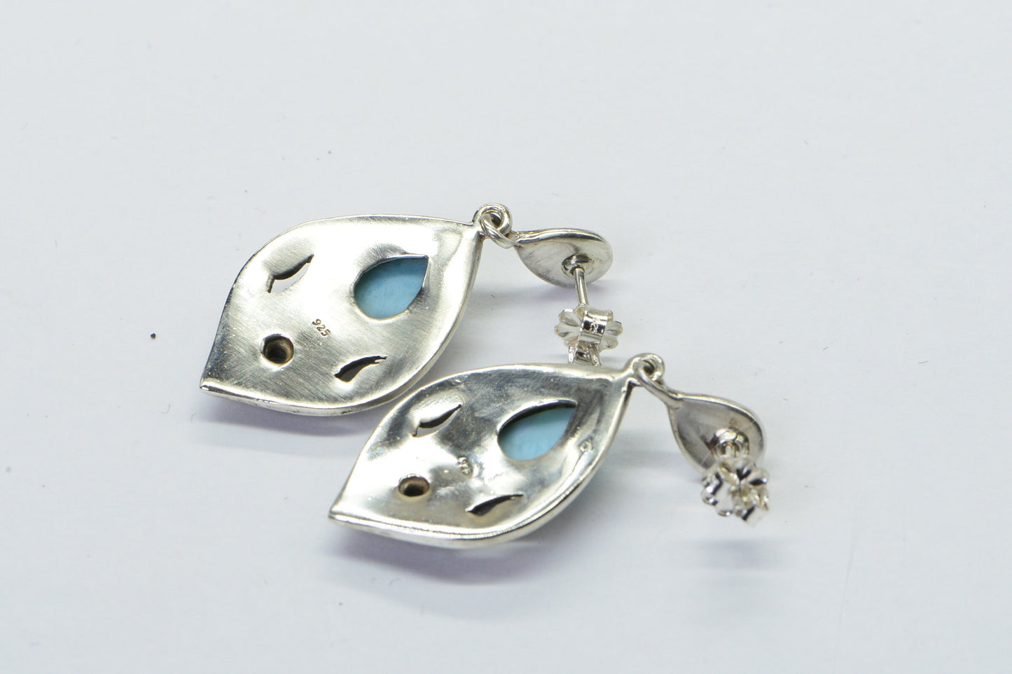 Larimar Patina Sterling Silver Long Leafs Teardrop Stud Earrings Filigree Multi Stone Earrings