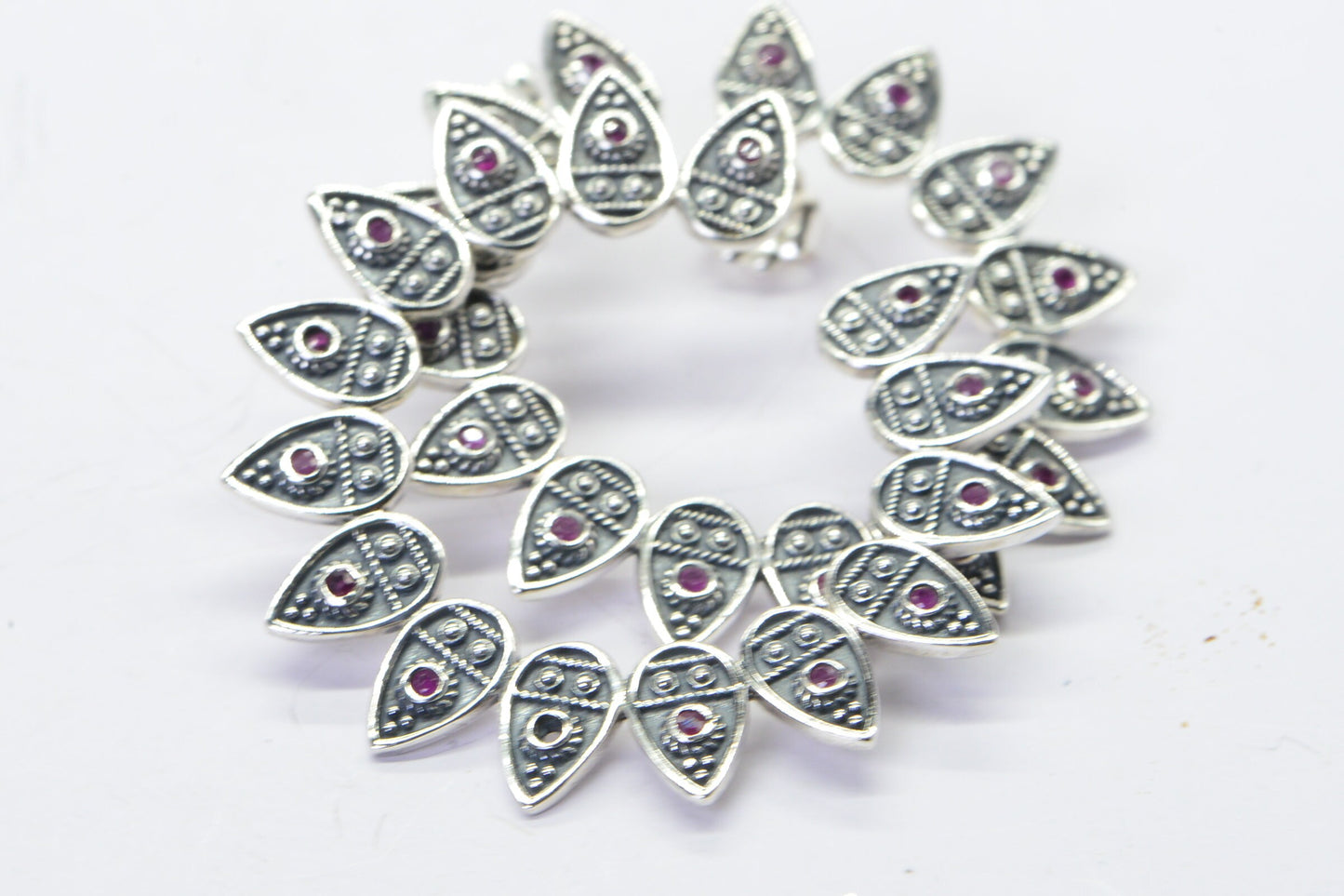 Vintage Sterling Silver Ruby Hoop Earrings: Artisan Crafted Floral Design