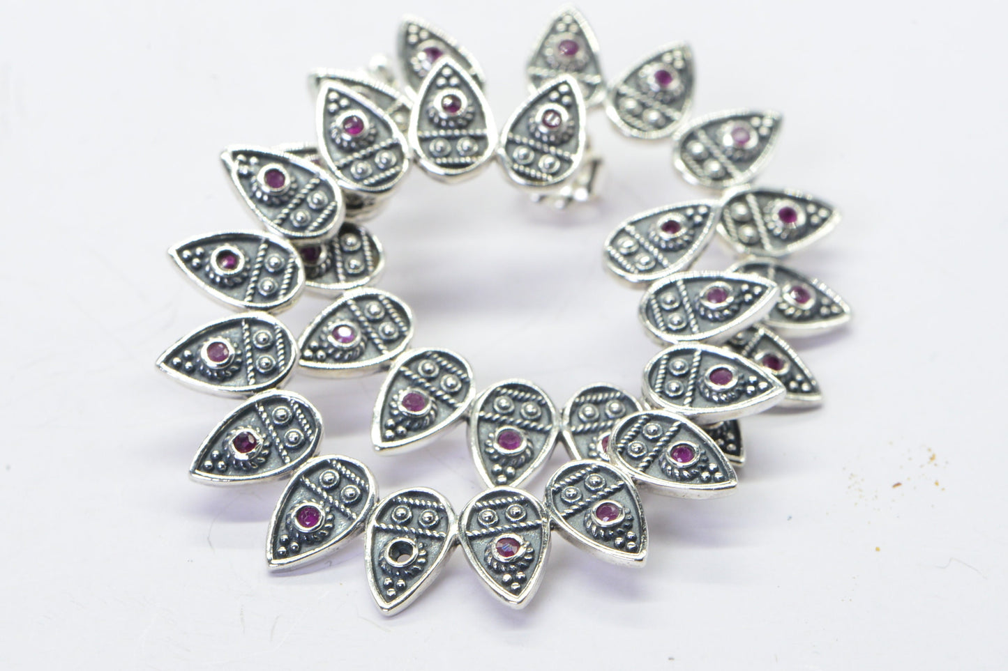 Vintage Sterling Silver Ruby Hoop Earrings: Artisan Crafted Floral Design
