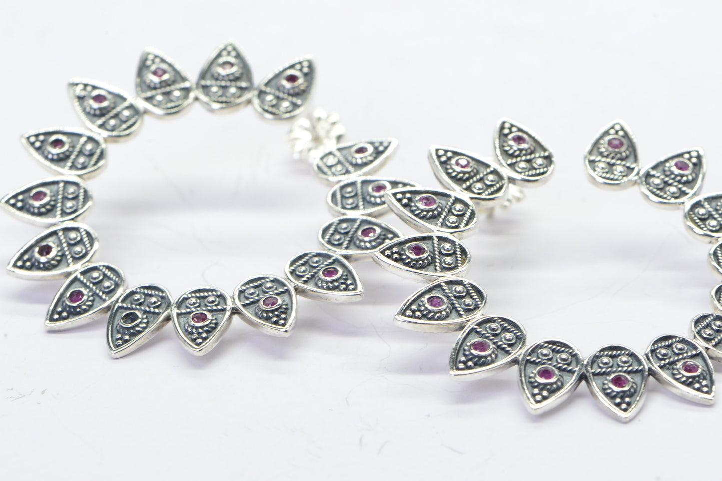 Vintage Sterling Silver Ruby Hoop Earrings: Artisan Crafted Floral Design